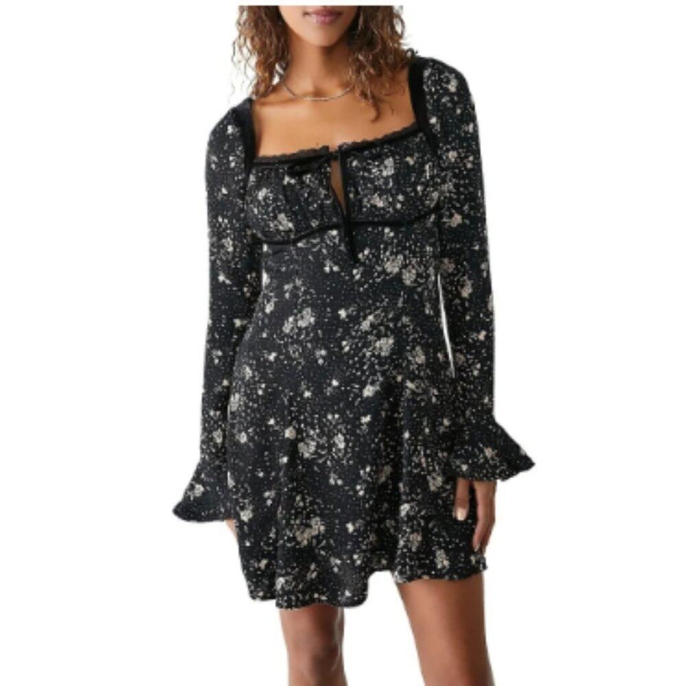 Free People Women's Black Combo Tess Floral Babydoll Inspired Mini Dress Size XS